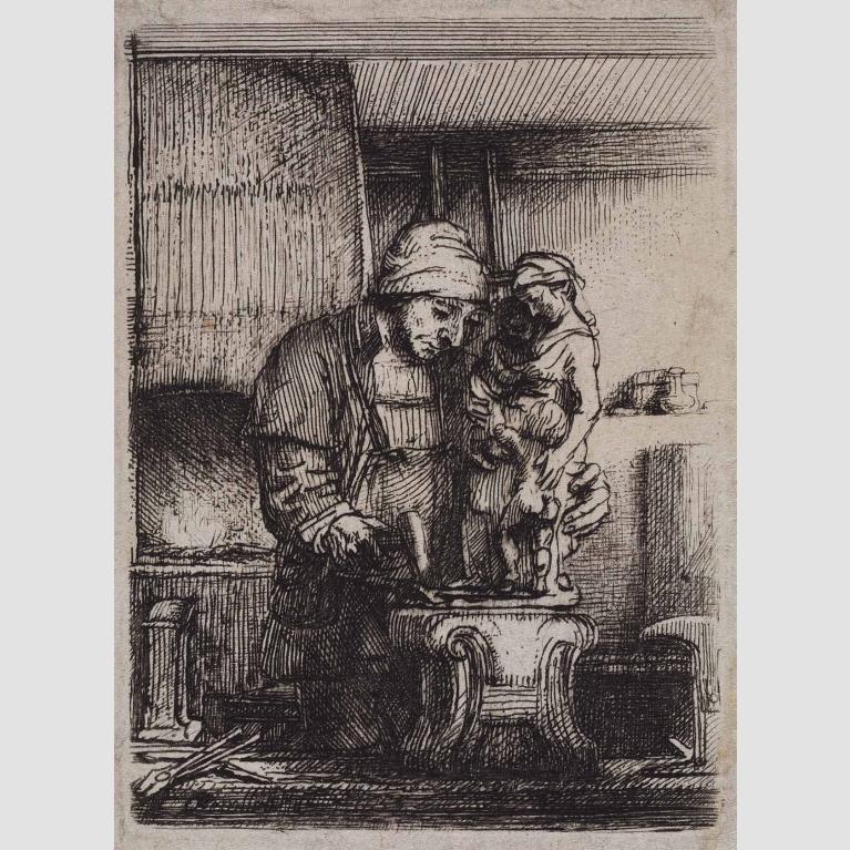 An etch of a goldsmith at work in his studio. 