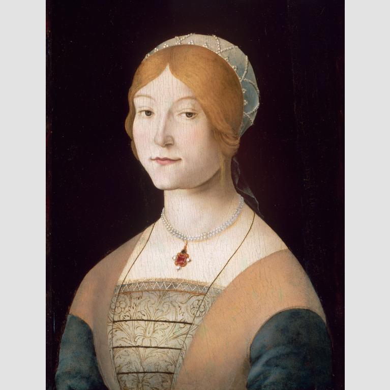 A portrait of a young woman in a dress wearing a pearl necklace; her red hair is mostly covered by an ornate cloth. 