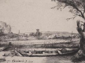 An etch of a large canal boat docked at a riverside. 