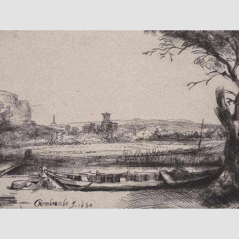 An etch of a large canal boat docked at a riverside. 