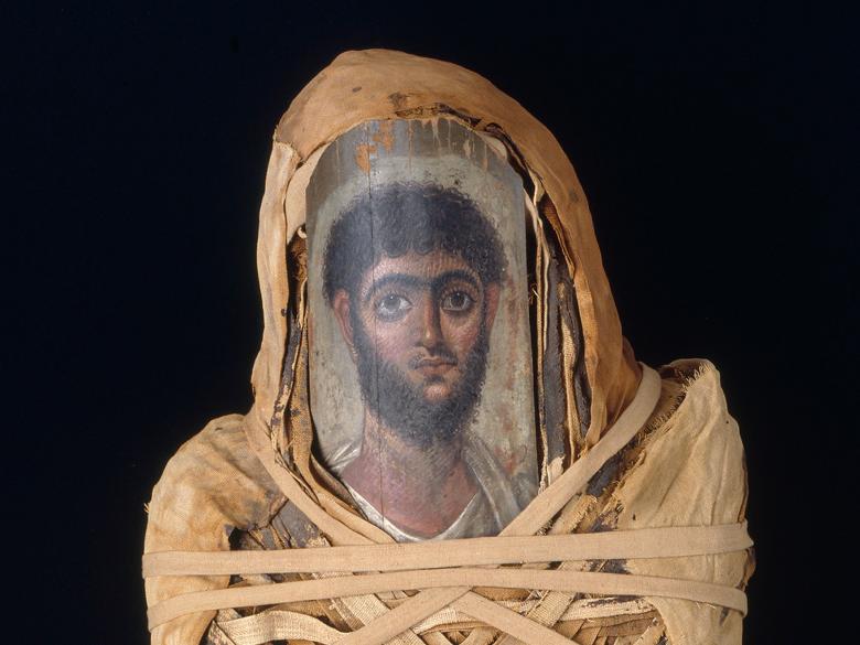 Portrait mummy of a man, detail, encaustic (colored wax) on wood over linen and human remains