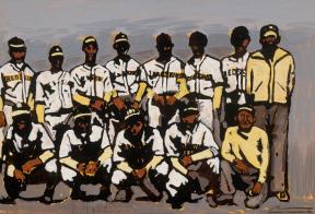 A painting resembling a group photo of players and staff of a baseball team, "The Redskins" 