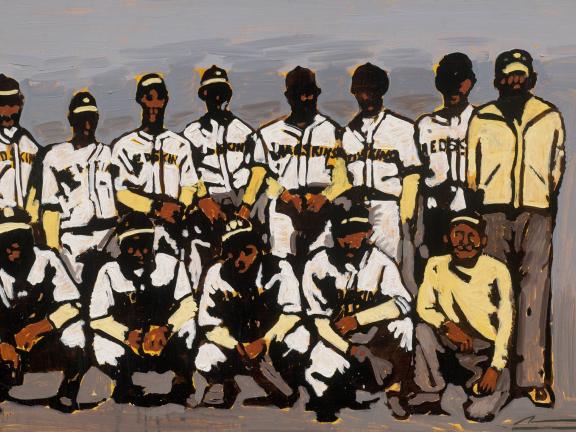 A painting resembling a group photo of players and staff of a baseball team, "The Redskins" 