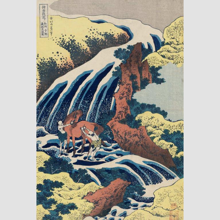 Two men wash a horse downstream in a waterfall.