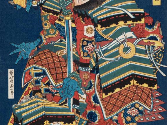 Two elaborately and colorfully-clad warriors engage in a battle of swords. 