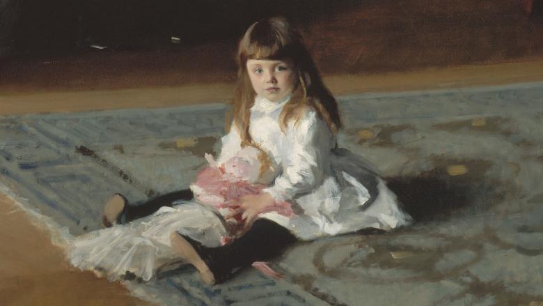 detail of painting depicting young child in white dress, sitting on rug and holding doll
