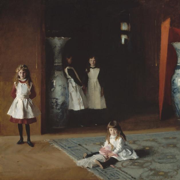 Sargent painting depicting four sisters; two standing in background against tall vase; one standing on left; youngest one sitting on rug, holding doll