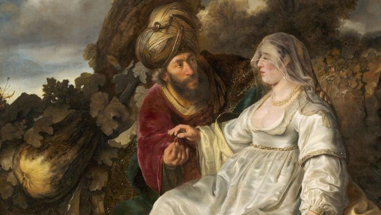 A man in elaborate dress peers over the shoulder of a reclining woman in white. She looks at him with concern as she holds her hand out.