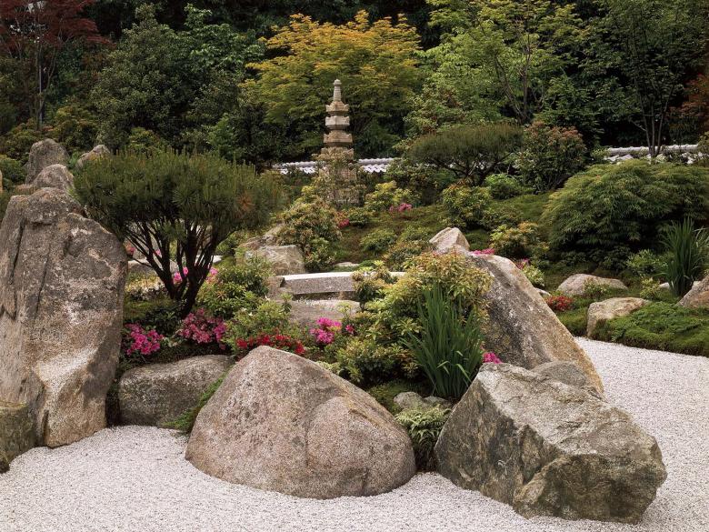 View of Japanese Garden, with rocks and shrubs amidst raked pebbles