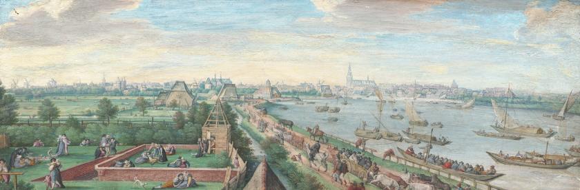Painting depicting busy road and river filled with carts and boats; situated next to the river is a small town with a large cathedral in the background.