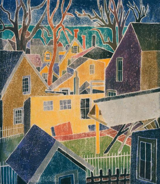 painting depicting neighborhood of modest houses and trees in the foreground as the ocean sweeps across the background.