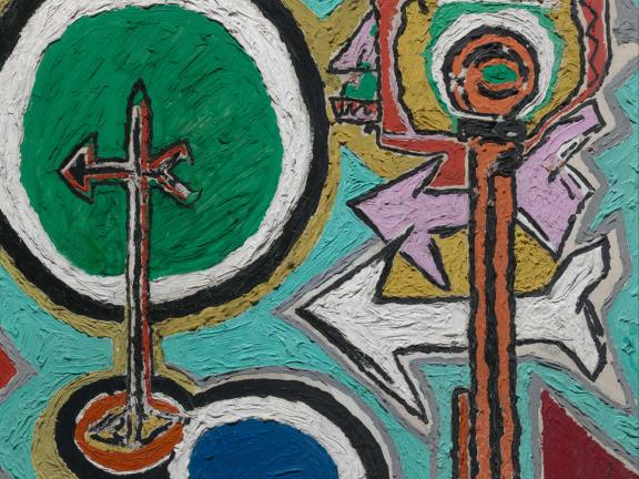 abstract painting with green and blue and arrows