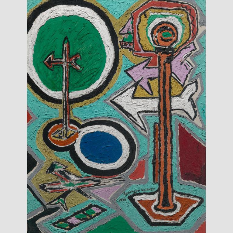 A colorful, abstract painting of a city's directional arrow sign