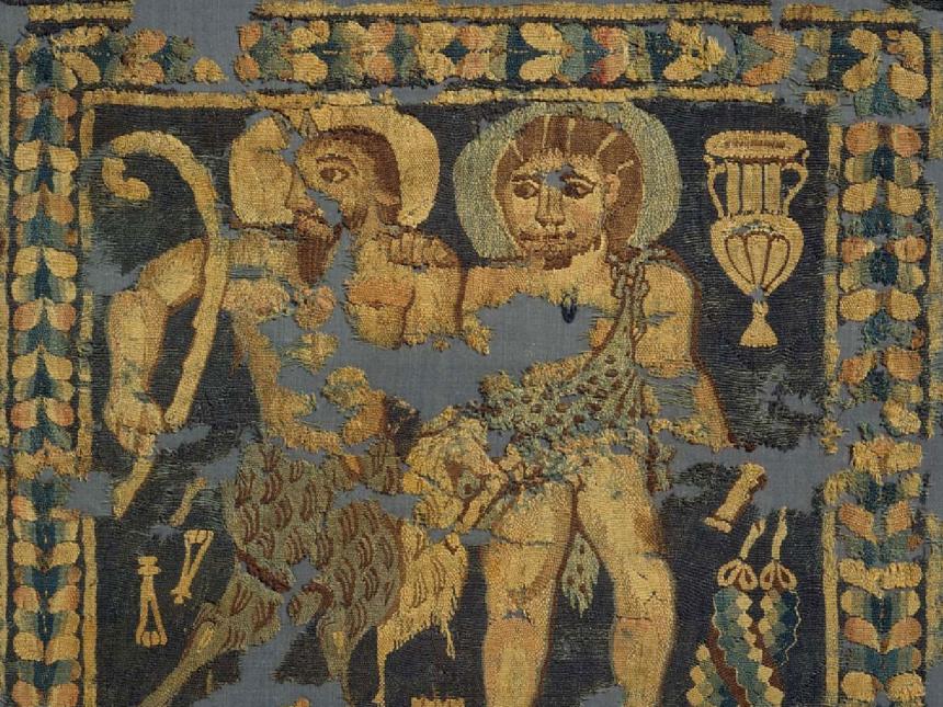 detail of tapestry fragment depicting Pan and Dionysos