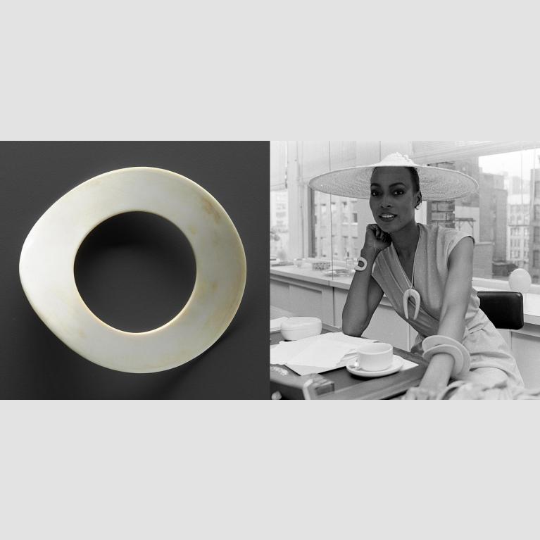 A composite of two images: one large ivory bracelet and model Naomi Sims wearing the bracelet at a lunch. 