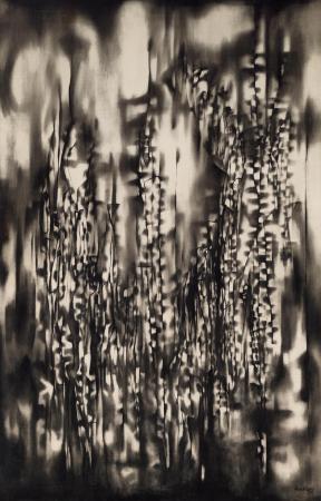 A painting of long, thin, black tendrils against a blurred background of black and white specs that bleed into one another.