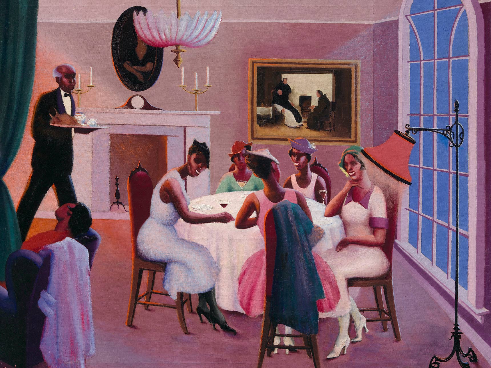 A colorful painting of five women drinking cocktails around a table while a waiter walks in the background.