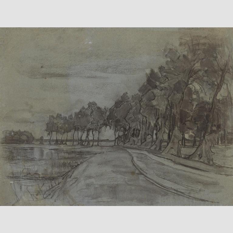 A charcoal drawing of trees lining a bend in a road.