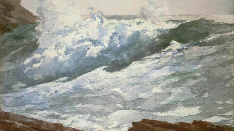 Watercolor of rough waters crashing along a rocky coast.