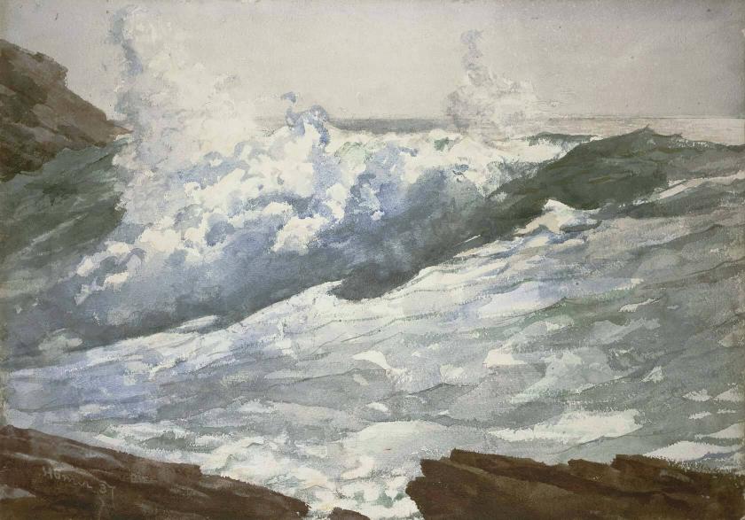Watercolor of rough waters crashing along a rocky coast.