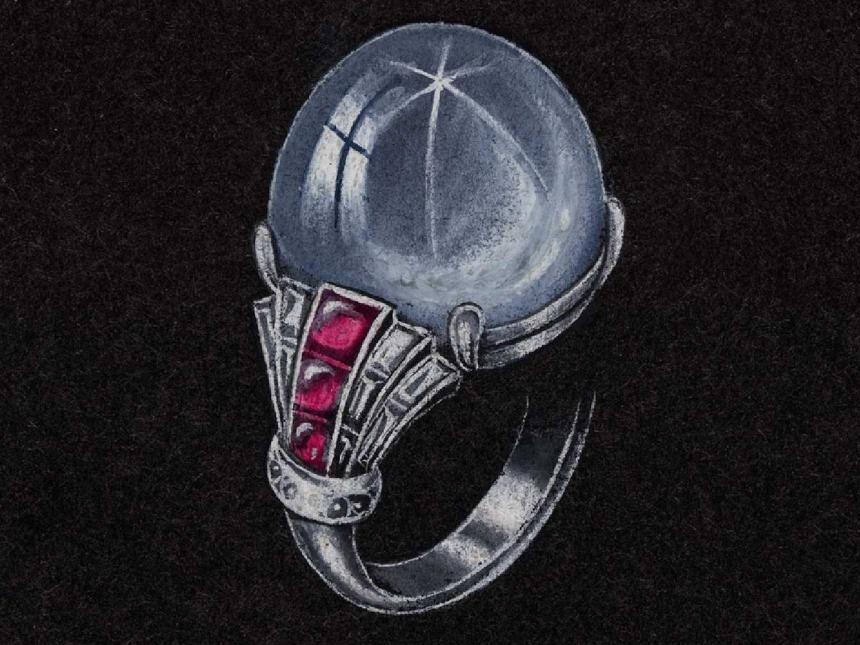 drawing of a ring with a large blue stone on black paper