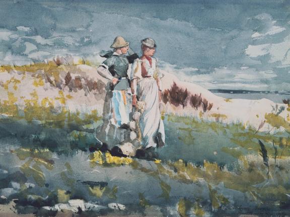 Watercolor painting depicting two women in dresses standing on grassy sand dunes and looking off frame.