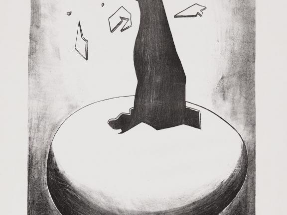 A black arm with a clenched fist breaks through the shell of an egg, spreading shattered eggshell as it pumps upward.