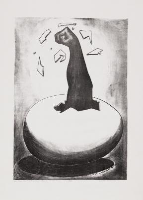 A black arm with a clenched fist breaks through the shell of an egg, spreading shattered eggshell as it pumps upward.