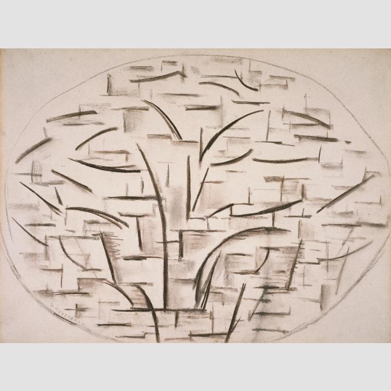 An abstract coal drawing of an apple tree.