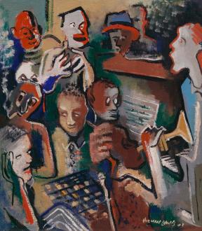 An abstract painting of a gathering of people playing instruments and listening to music
