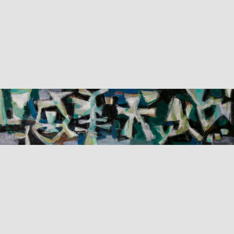 A slim rectangular painting of abstract white shapes imposed on and flourished with black, green, blue, and brown strokes.