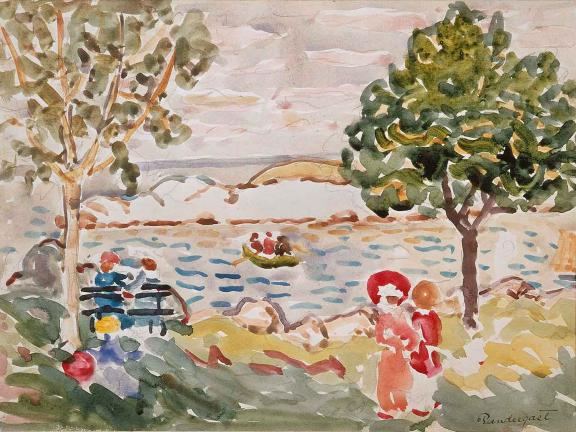 watercolor painting of people and trees