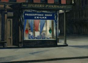 A painting of the facade of a corner drugstore at night with the sign "Silbers Pharmacy" outside and the sign "Prescriptions Drugs EX-LAX" hanging inside.