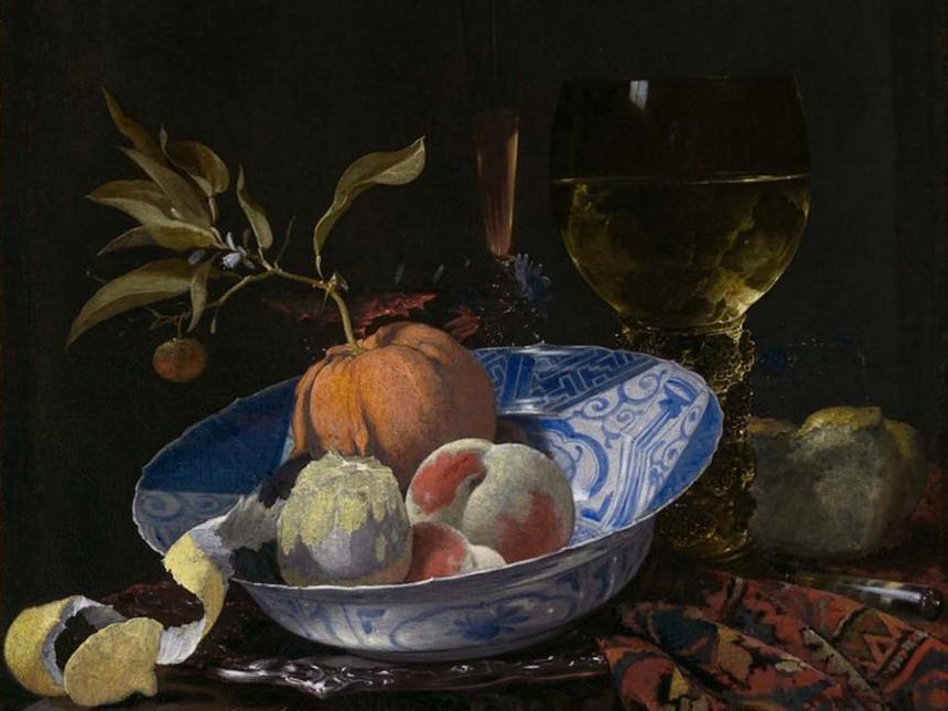 A still life painting of moldy fruit in a bowl placed next to a glass of wine.