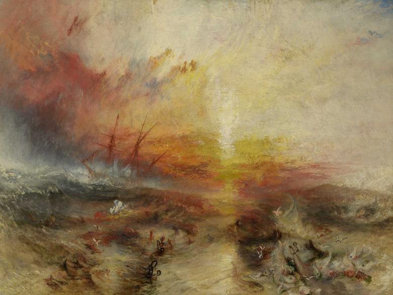 Impressionistic painting depicting sunset-lit ocean with tall sailing ship in the distance, and bodies and cargo floating in waves in foreground.