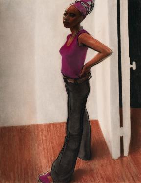 Pastel drawing of a black woman standing with a magenta shirt and and head wrap with black jeans