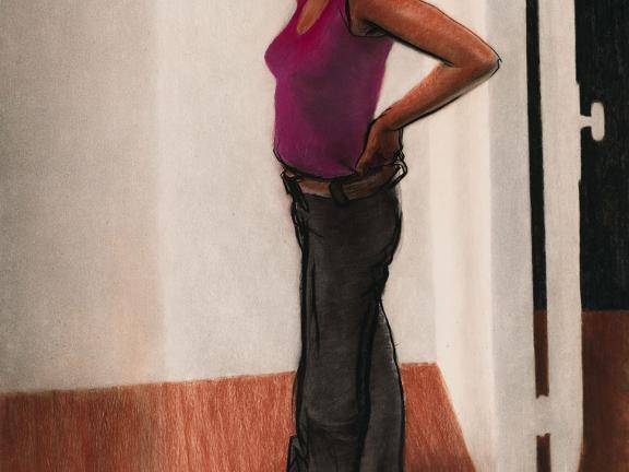 Pastel drawing of a black woman standing with a magenta shirt and and head wrap with black jeans