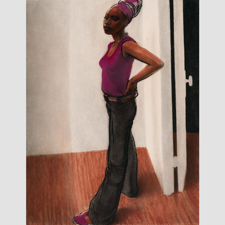 Pastel drawing of a black woman standing with a magenta shirt and and head wrap with black jeans
