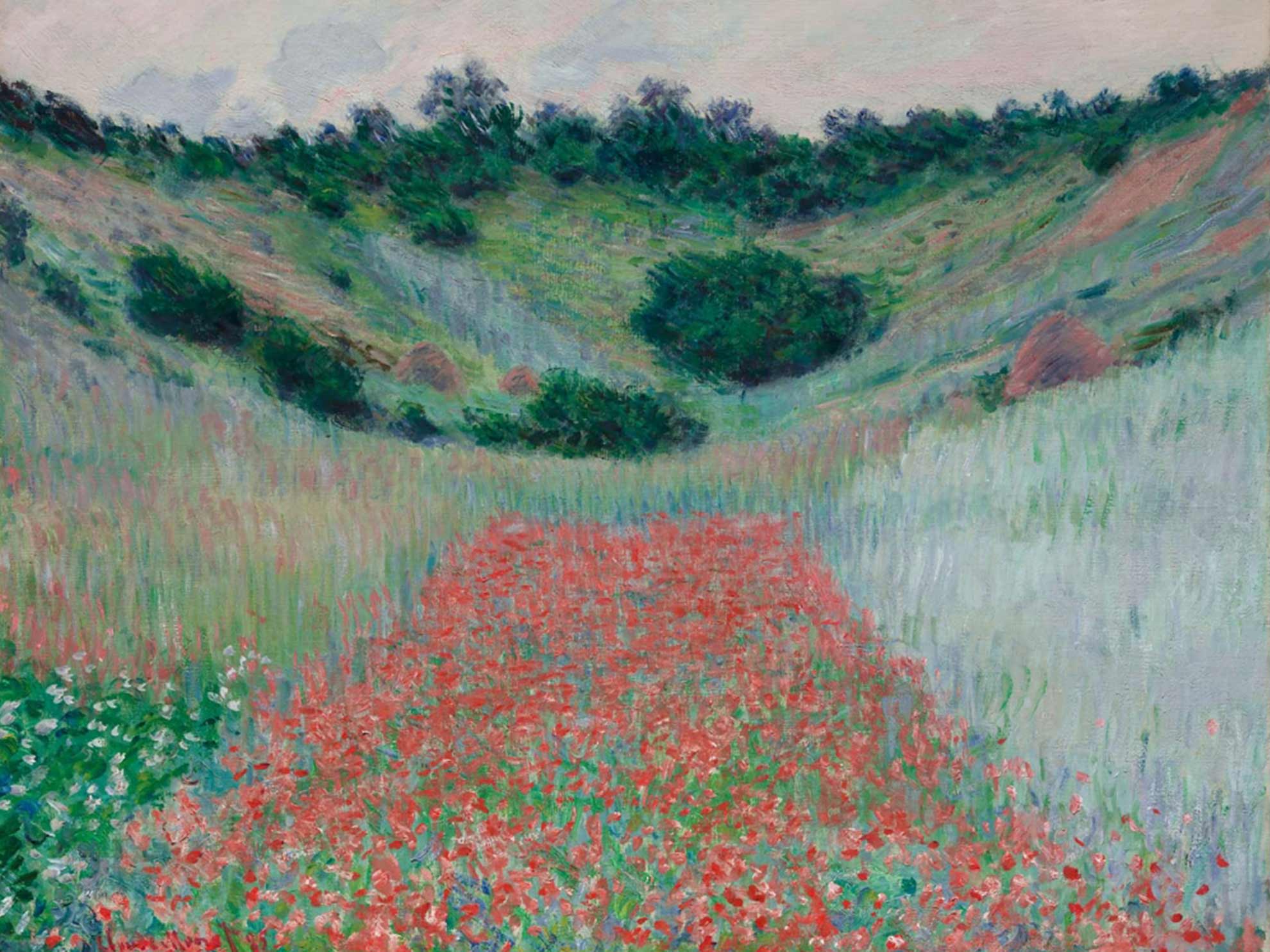 Colorful oil painting in an impressionist style of a hilly field and meadow of poppies