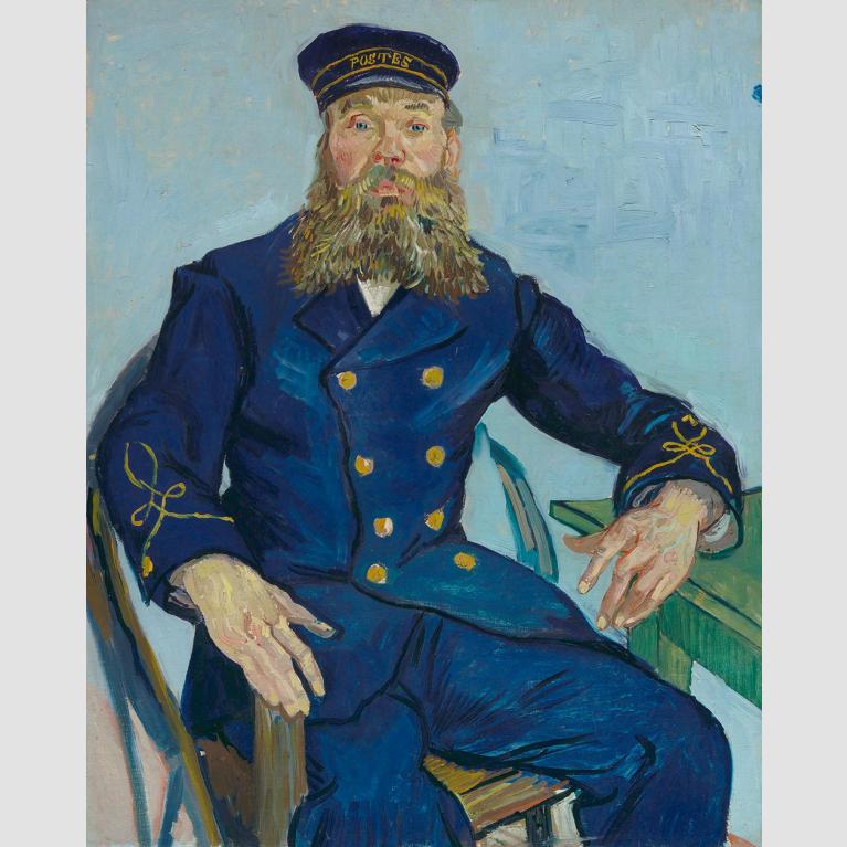 Colorful painting depicting a man with a blue hat that reads "Postes" and a long, curly grey beard.