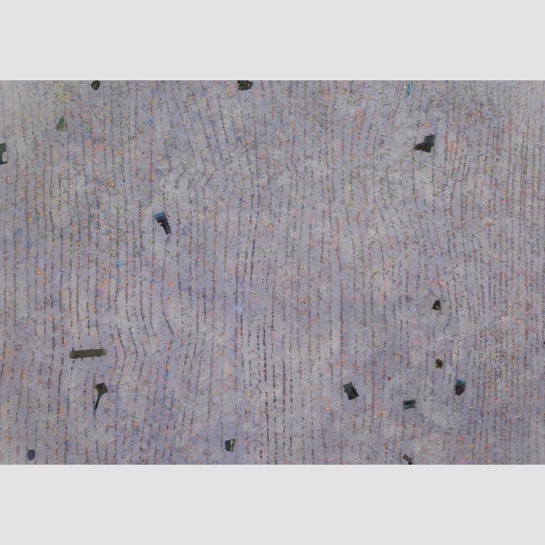 A gray-purple mixed media artwork with vertical lines and random black splotches.