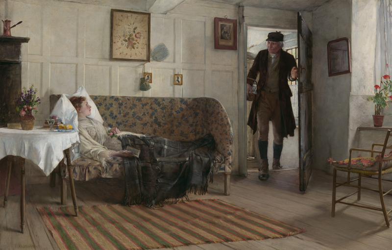 An elderly man walks into a room where a young girl is lying on a couch.