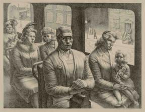 This print depicts a black man seated on a street car surrounded by white people 