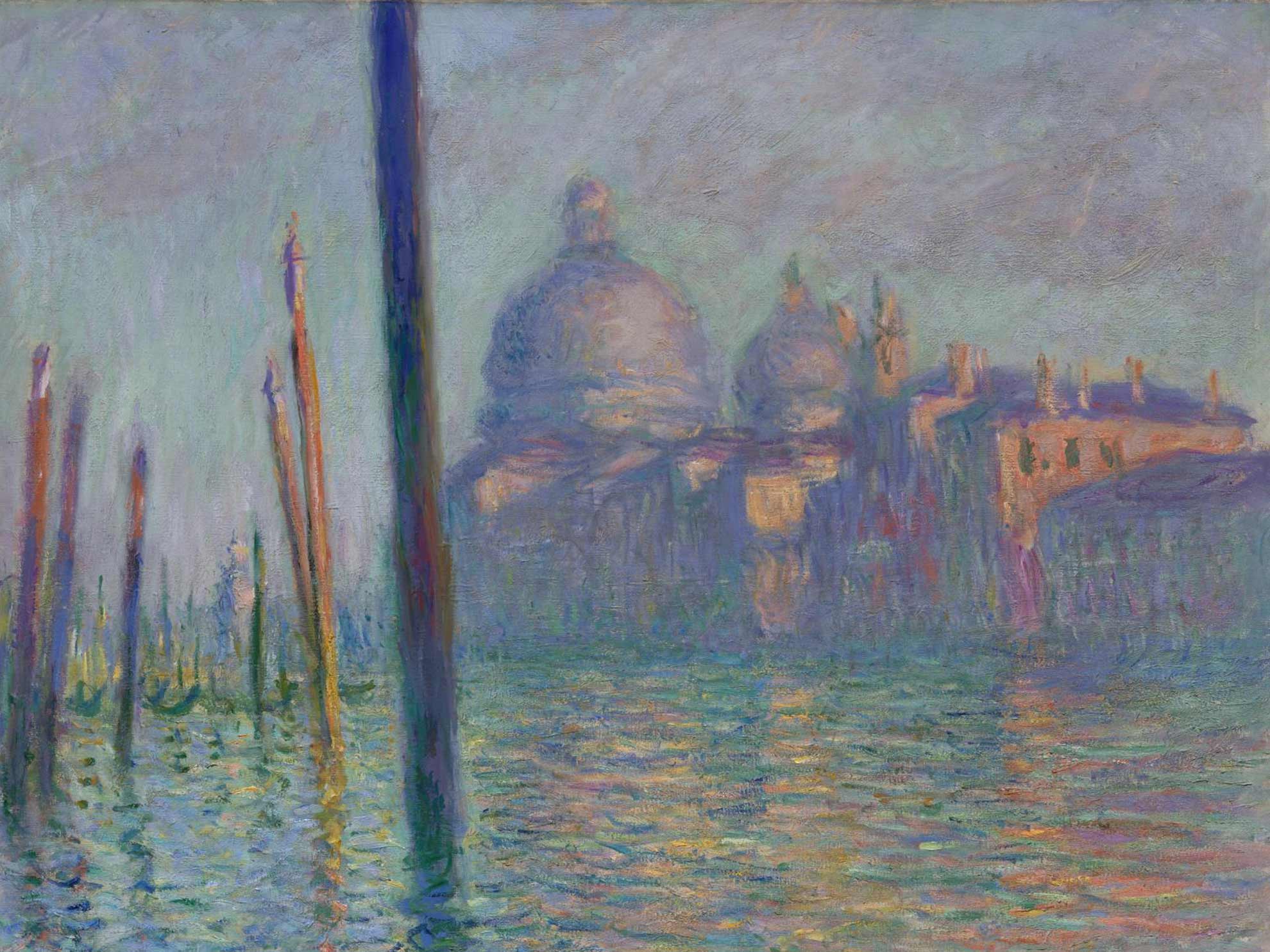 Impressionist painting in oils of a canal in Venice, Italy, with buildings in the background