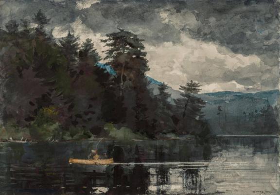 watercolor painting depicting man sitting in boat, fishing on lake, beneath a heavily wooded and mountainous landscape and gray cloudy sky