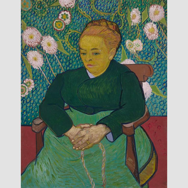 Vincent van Gogh painting featuring woman in green dress and hair in a bun, sitting on chair in front of green wall covered in white flowers