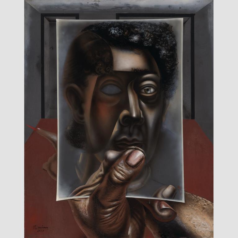 A painting of a man's left hand holding a mirror that reflects his face while his right arm stretches behind the mirror and points into the room in front of him.