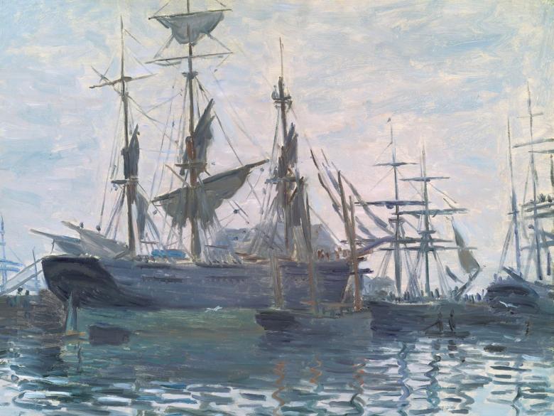Impressionist Monet painting depicting tall ships in harbor