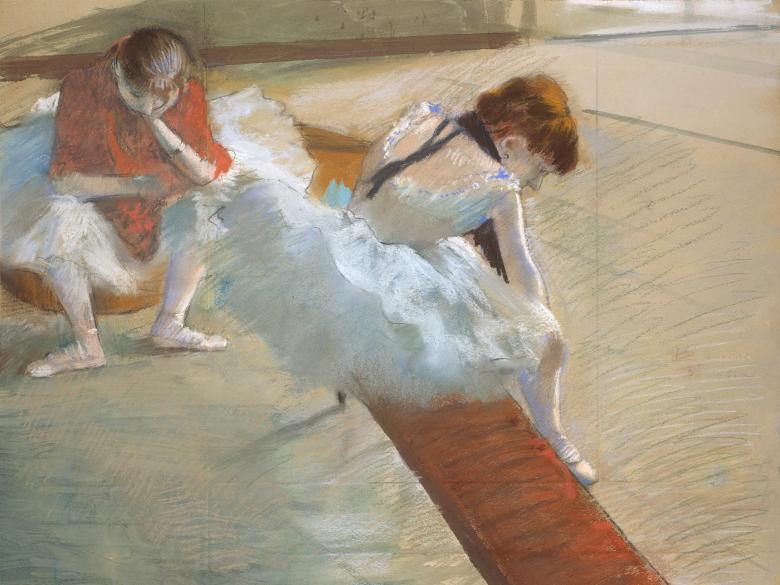 A drawing of two young ballerinas in tutus sitting slightly slouched over, in a restful position.