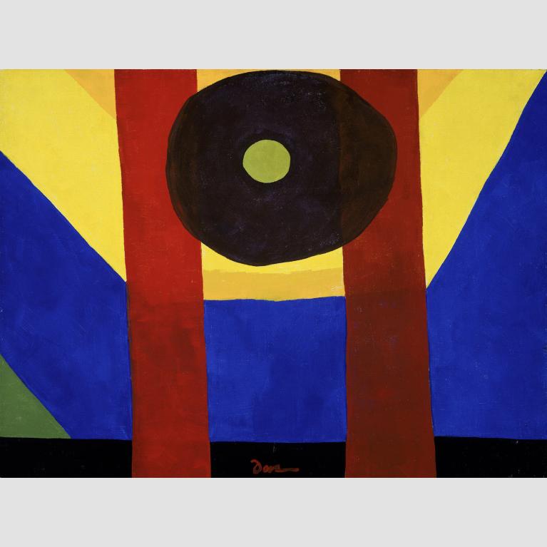 A painting of descending gold, yellow, blue, green, and black shapes are superimposed by two bright red vertical lines and a reddish-brown oval dotted with a green circle. 